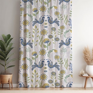 Whimsical Floral Curtain Panel with Blue Birds and Yellow Flowers, Nature Inspired Drapes for Living Room or Bedroom Cottagecore Decor