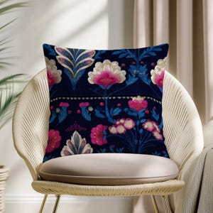 Elegant Navy Floral Pillow Cover - Vintage Botanical Embroidery-Inspired Cushion for Sofa & Living Room Decor