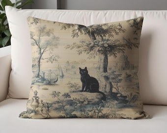 Vintage Black Cat Throw Pillow Cases - French Toile Cushion Cover, Gothic Home Decor