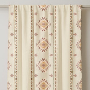 Southwestern Pattern Linen Curtain Panel – Cream Tribal Window Treatment with Terracotta and Mustard Accents