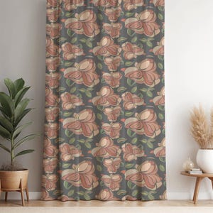 Vintage Floral Curtain Panel with Retro Rose Design in Peach Green and Brown, Botanical Window Drapes for Living Room or Bedroom