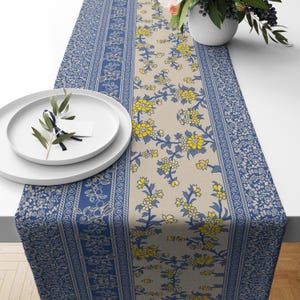 French Country Floral Table Runner – Blue & Yellow Vintage-Inspired Design, Elegant Farmhouse Dining Decor