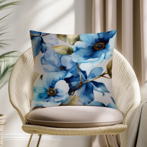 Navy Blue Botanical Throw Pillow Cover – Modern Floral Cushion for Sofa, Chair & Home Decor