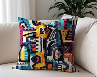 Funda de almohada abstracta tribal vibrante: cojín de arte pop de mediados de siglo: decoración única para el hogar