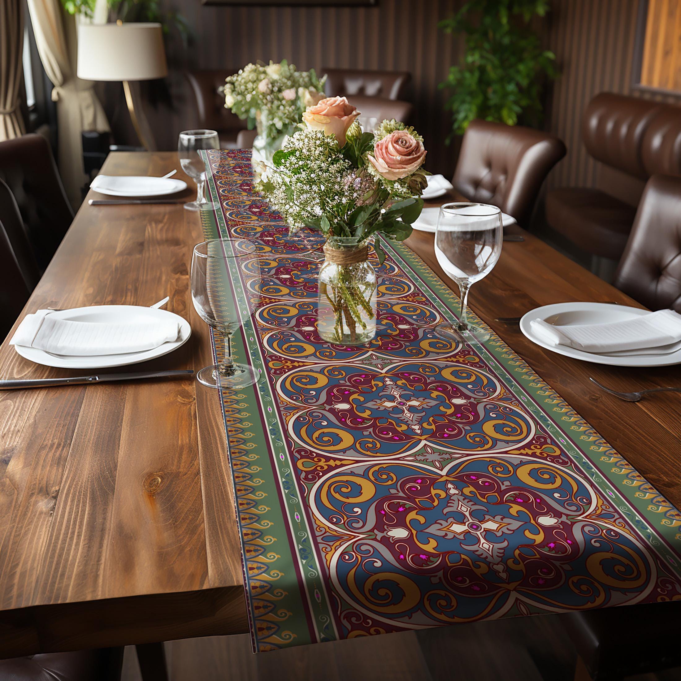Terracotta Table Runner: Moroccan Floral Geometric Print