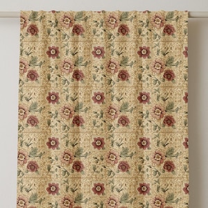 Floral Linen Curtain Panel: Burgundy Flowers, Shabby Chic Farmhouse Style