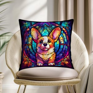 Stained Glass Dog Kissenbezug - Buntes Dekokissen im Cartoon-Stil mit Corgis, Dackel, Dobermann und Bulldogge Kunst für Tierliebhaber