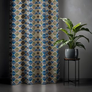 Blue and Beige Geometric Curtain - Mid-Century Modern Window Panel