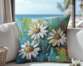 Outdoor Throw Pillow Cover, Colorful Daisy Flower Cushion, Hand Painted Floral Art Pillowcase, Coastal Patio Garden Decor