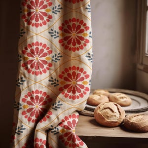 Retro Floral Linen Curtain – Red & Mustard Geometric Flower Pattern Window Drapes for Living Room or Kitchen Decor