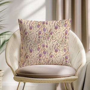 Lavender & Wildflower Pillow Cover – Botanical Print Cushion with Purple Floral Pattern for Sofa or Bedroom Décor
