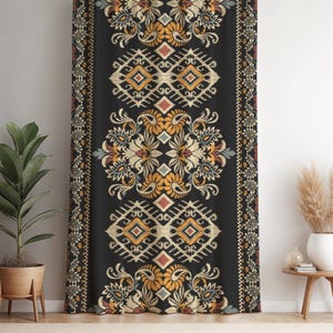 Black Ikat Curtain Panel: Ethnic Geometric Tribal Drapes