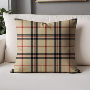 Beige Plaid Throw Pillow Cover – Classic Tartan Cushion for Sofa, Rustic Checkered Accent Pillow, Traditional Decorative Cover