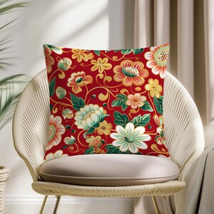 Elegant Red Floral Pillow Cover – Vintage Style Cushion with Golden Accents, Decorative Sofa Throw Cover