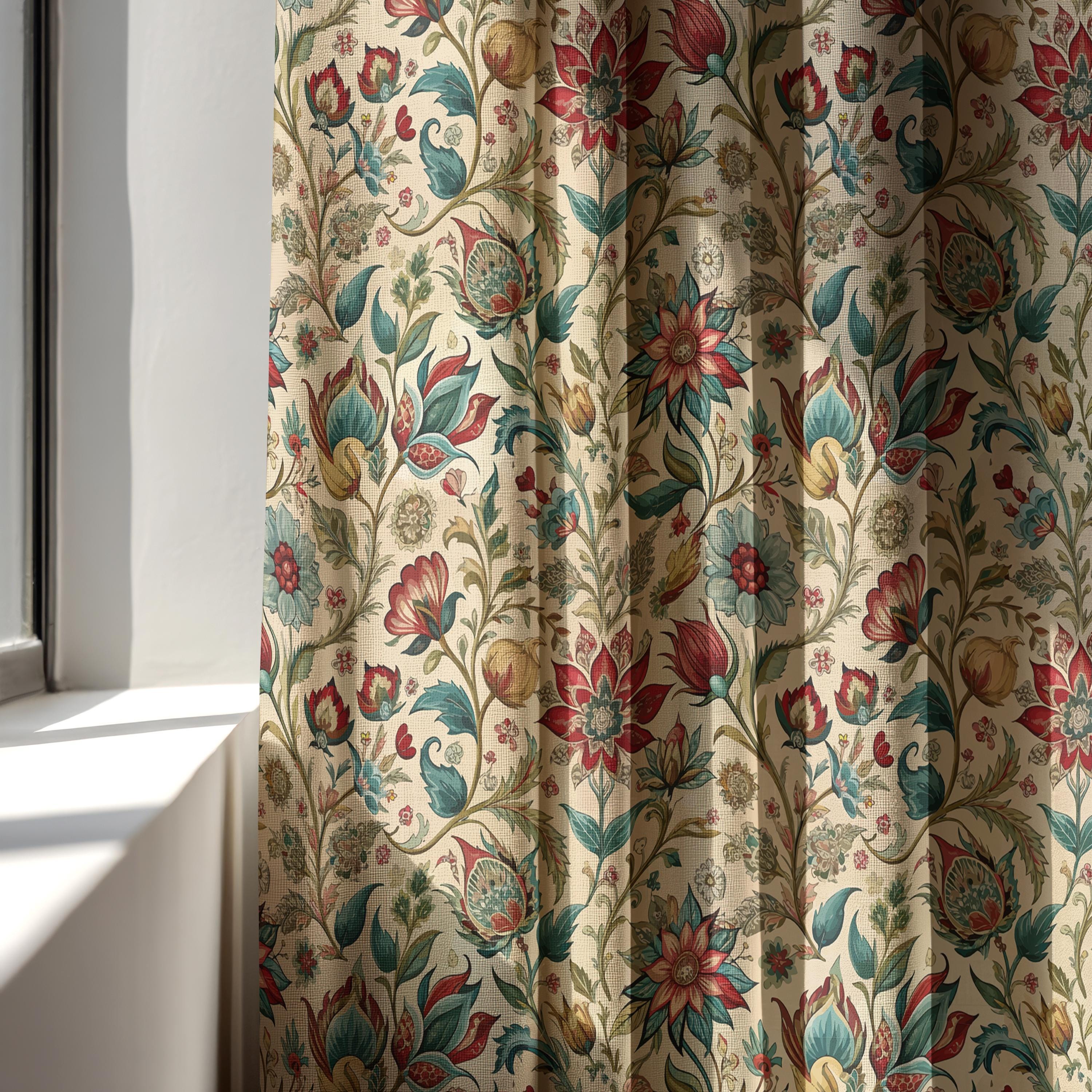 Vintage Floral Linen Curtain: William Morris Inspired Pattern, Classic