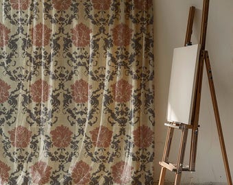 Vintage Floral Linen Curtain – Earthy Green & Rust Botanical Drapery for Cozy Farmhouse and Rustic Decor
