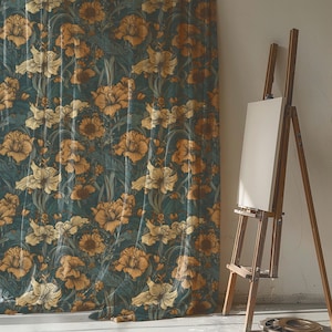 Floral Linen Curtain Panel: Teal Botanical Print, Optional Blackout