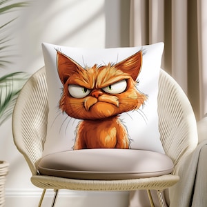 Grumpy Cat Throw Pillow Cover – Bold Pop Art Angry Cat Illustration Cushion for Funny Modern Home Decor