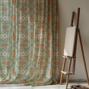Floral Linen Curtain Sheer Boho Drapery Botanical Print Vintage Pastel Window Treatment Lightweight Natural Fabric