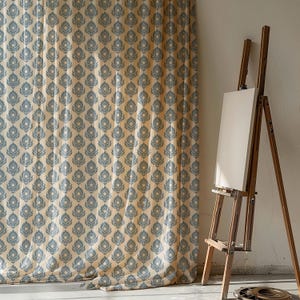 Beige and Blue Floral Linen Curtain - Vintage-Inspired Patterned Curtain for Living Room or Bedroom