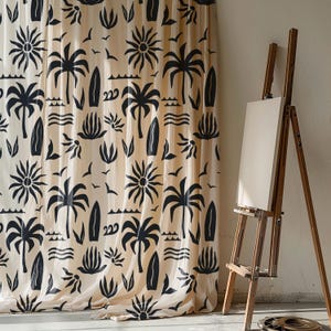 Linen Curtain Panel with Black Tropical Beach Pattern on Beige, Palm Tree and Surfboard Print Drapes for Boho or Coastal Living Room Decor