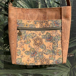 CORK Crossbody Purse Two Zip Hipster with Butterflies and Flowers Pockets