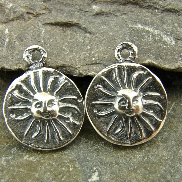 Tiny Sun Disk - Rustic Artisan Sterling Silver Disk Charms - One Pair - CEL-3