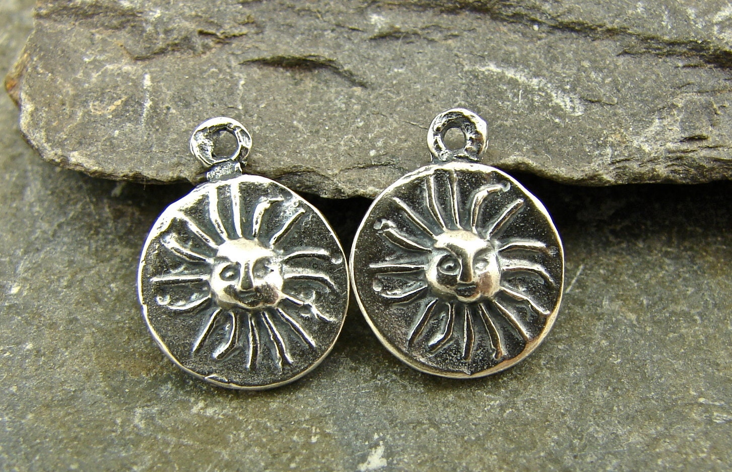 Tiny Sun Disk - Rustic Artisan Sterling Silver Disk Charms - One Pair…