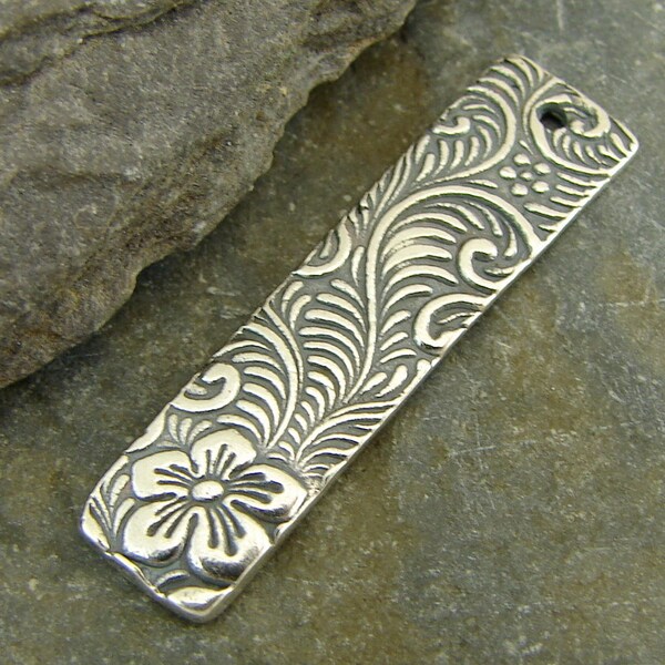 Flowering Spiral Vines - Artisan Sterling Silver Long Slender Rectangle Charm - One Piece