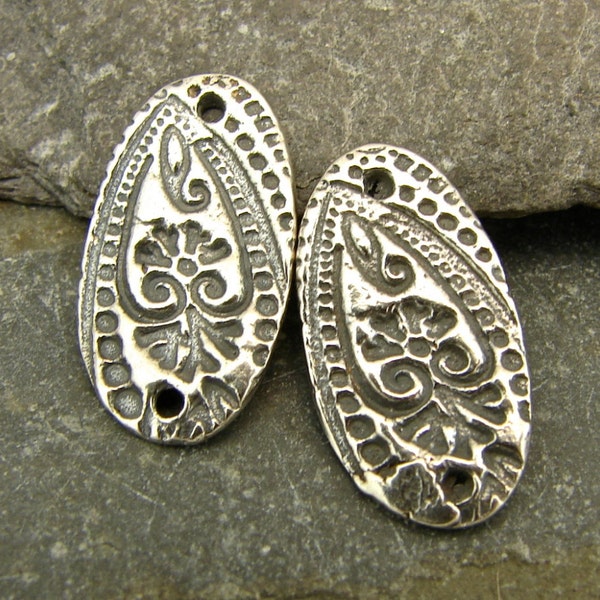 Floral Paisley Links - Artisan Sterling Silver Oval Links With Intricate Texture - One Pair - Artisan Sterling Silver Findings - LNK-16