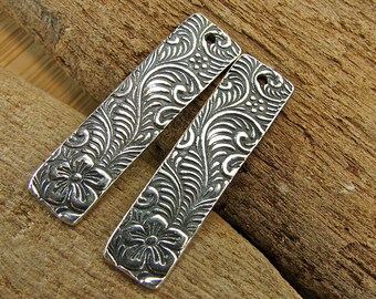 Artisan Sterling Silver Long Slender Rectangle Charms Flowering Vines | Handmade Charms | Artisan Findings Jewelry Supply 1 Pair - FL-7