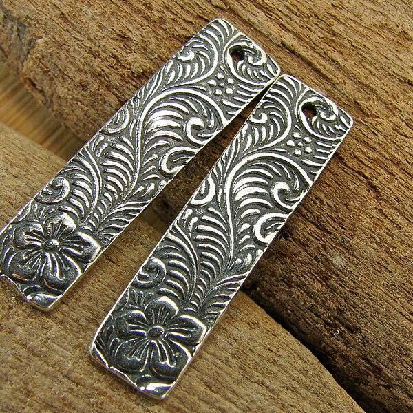 Artisan Sterling Silver Long Slender Rectangle Charms Flowering Vines | Handmade Charms | Artisan Findings Jewelry Supply 1 Pair - FL-7