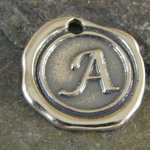 Sterling Silver Round Wax Seal A Pendant - Wax Seal Letter Charm -  Artisan Sterling Silver Monogram - Initial Pendant - Letter Charm - RWS