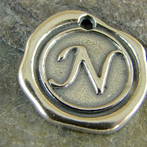 Sterling Silver Round Wax Seal N Pendant Letter N Artisan Sterling Silver Monogram Wax Seal Initial Pendant Letter Charm rws image 1