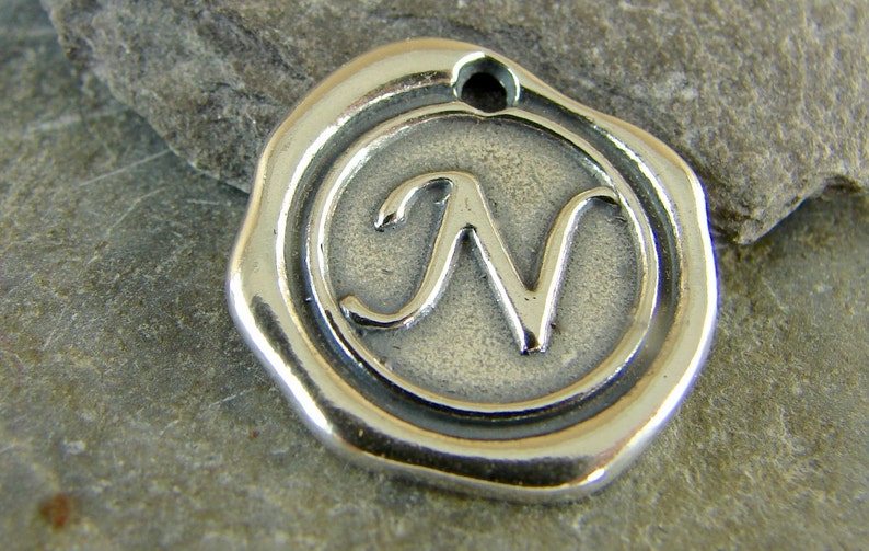 Sterling Silver Round Wax Seal N Pendant Letter N Artisan Sterling Silver Monogram Wax Seal Initial Pendant Letter Charm rws image 1