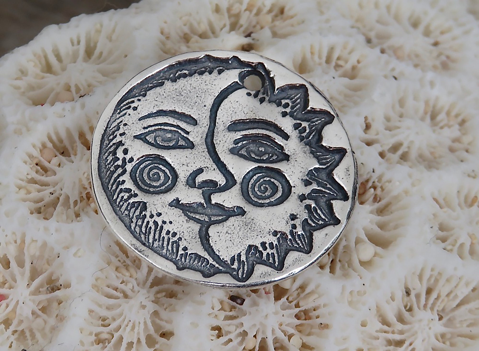 Rustic Artisan Sterling Silver Sun and Moon Face Pendant | Sterling ...