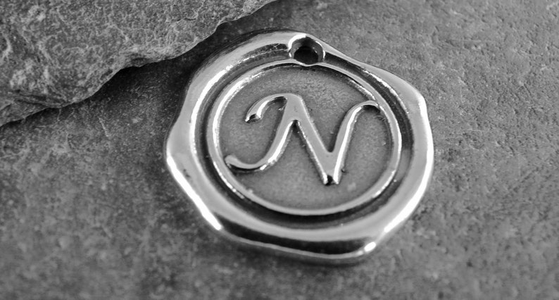 Sterling Silver Round Wax Seal N Pendant Letter N Artisan Sterling Silver Monogram Wax Seal Initial Pendant Letter Charm rws image 3
