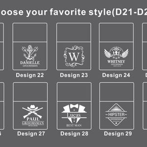 May include: A graphic showing ten design options for a product. Each design features a different illustration or text, including anchors, initials, wings, and custom text options. The text "Choose your favorite style" is at the top.