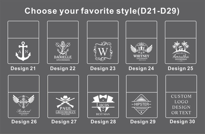 May include: A graphic showing ten design options for a product. Each design features a different illustration or text, including anchors, initials, wings, and custom text options. The text "Choose your favorite style" is at the top.