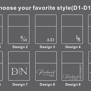 May include: A gray graphic with ten design options for personalized items. Each design features a rectangular shape with various initials, names, and phrases in white, including "I can't say I do without you!"