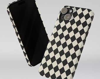Harlequin Diamond Super Slim iPhone Case, Black White Retro Check for iPhone 12 13 14 15 16 Pro Max, Trendy Aesthetic Phone Protective Cover