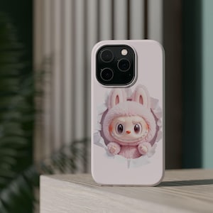 Labubu Bunny iPhone Hülle, süße Kawaii Rosa Charakter MagSafe Cover, 3D Design, robuste Schutzhülle für iPhone 12 13 14 15 16 Pro Max