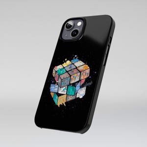 Capa para iPhone Space Cube, capa protetora fina com arte de quebra-cabeça cósmica surreal para iPhone 12, 13, 14, 15, 16 Pro Max, presente Galaxy para ele ou ela