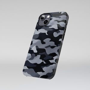 Black Camo iPhone Case, Gray Urban Camouflage Slim Army Phone Cover for iPhone 11 12 13 14 15 16 Pro Max, Tactical Monochrome Gift for Him
