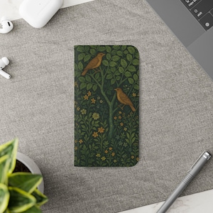 Capa tipo carteira com estampa de pássaros florais e inspiração na natureza, capa flip ecológica para iPhone 11, 12, 13, 14, 15, 16 Pro Max e Samsung Galaxy S24 e S23 Ultra