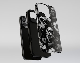 Skull Floral Tough Phone Case, Elegant Flower Protective Cover for iPhone 12 13 14 15 16 Pro Max Plus, Samsung S24 S25 Ultra, Google Pixel