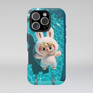 Labubu Bunny iPhone Hülle, süße Kawaii Charakter MagSafe Cover, Pool Float Design, robuste Schutzhülle für iPhone 13 14 15 16 Pro Max Plus