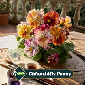 May include: A vibrant arrangement of Chianti Mix Pansy flowers in shades of yellow, orange, red, and purple. The flowers are in full bloom, with green foliage. The image includes paintbrushes and a palette, suggesting an artistic theme.