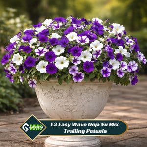 May include: A large stone planter overflowing with vibrant petunias. The flowers are a mix of deep purple, white, and purple-striped blooms. The planter has a detailed, textured surface and sits on a stone base. The text on the image reads "E3 Easy Wave Deja Vu Mix Trailing Petunia".