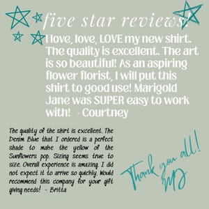 May include: A sage green graphic display featuring two customer testimonials about a shirt. The text includes five star reviews!, I love, love, LOVE my new shirt, and The quality of the shirt is excellent. The Denim Blue that I ordered is a perfect shade.
